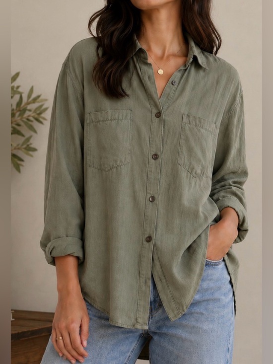 Splendid Tops - Splendid Damsel Blouse Top Button Down Shirt Jacket Olive Long Sleeve Shirt